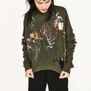 Zara Tops | Zara Woman Distressed Paint Splatter Graffiti Sweatshirt | Color: Green | Size: S | Sara4281's Closet